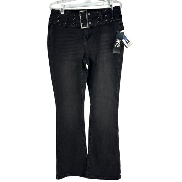 Madden NYC Low Rise Bootcut Black Denim Jeans Size 10 Slim Fit Belt Detailing - Picture 1 of 9